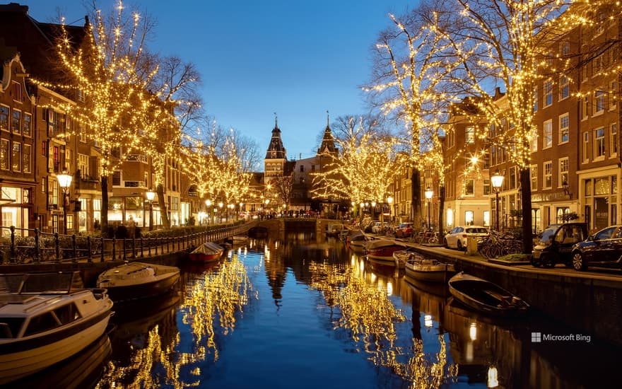 Light decorations on Spiegelgracht canal, Amsterdam, Netherlands