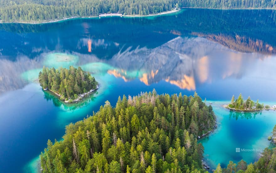 The Zugspitze mountain reflecting in Eibsee lake, Bavaria, Germany