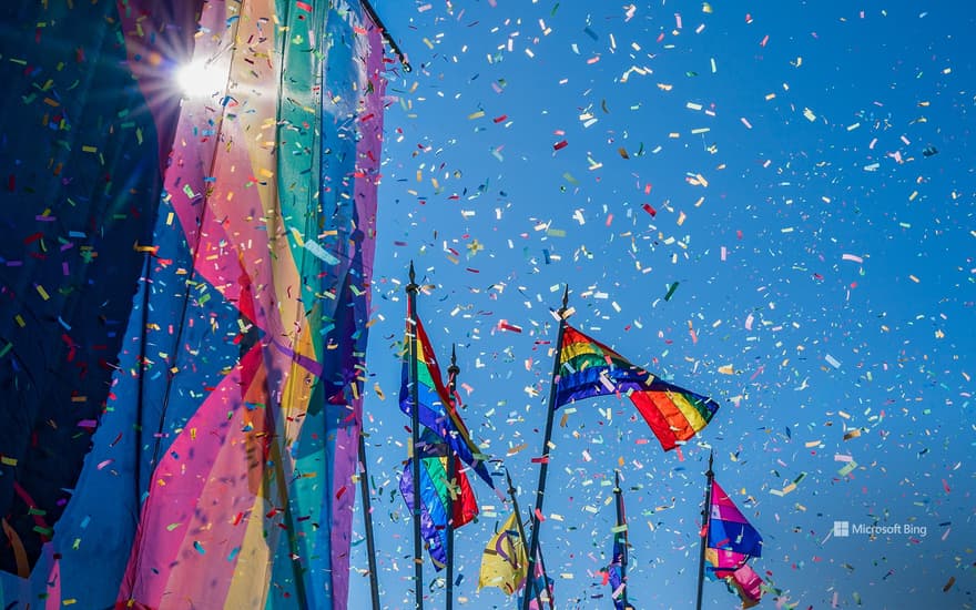 Rainbow flags and confetti, Reykjavík, Iceland