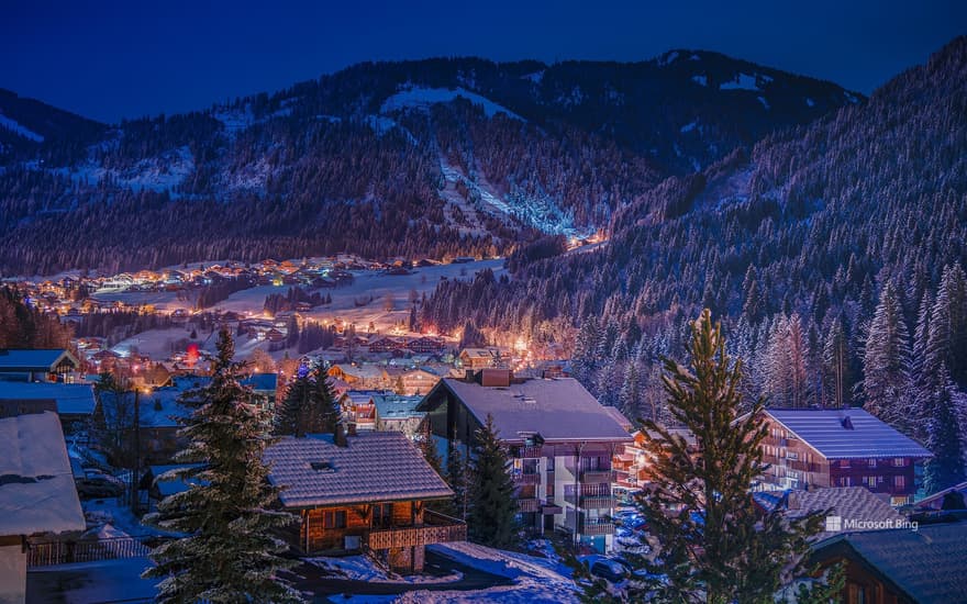 View of an illuminated mountain village, France