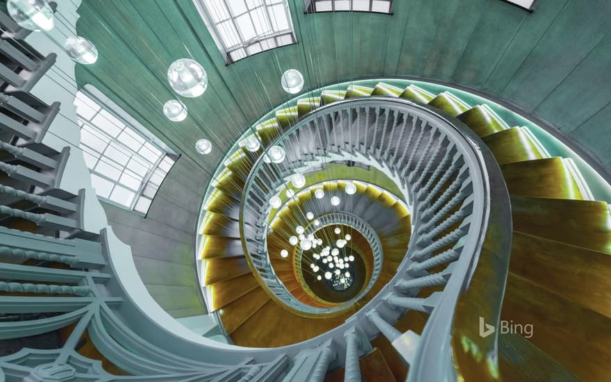 Cecil Brewer spiral staircase at Heal's furniture store, Tottenham Court Road, London